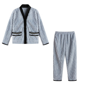 Women's Fleece Fashion Cardigan Pajama Set-Haze Blue