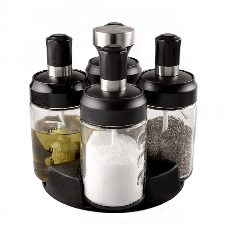 Revolving 4-Jar Seasoning Organizer Rack Built-in Spoon Moisture-Proof-ABS Lid