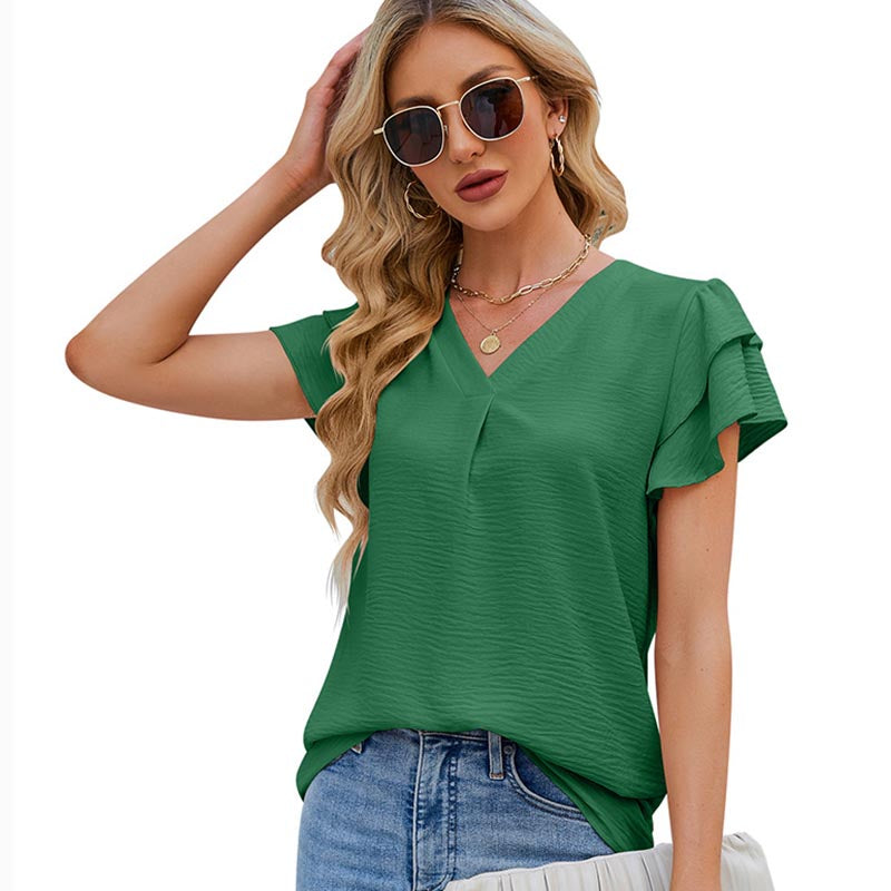 Womens Ruffle Short Sleeve Chiffon Blouses V Neck Solid Color Casual Top-Green