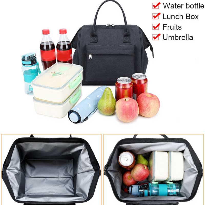 Large Capacity Bento Lunch Bag Simple Insulated Zipper Tote Bag-Black