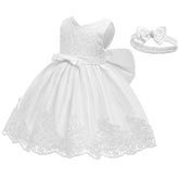 2-6T Little Girl Bowknot Lace Dress Party Wedding Dresses with Headwear-White