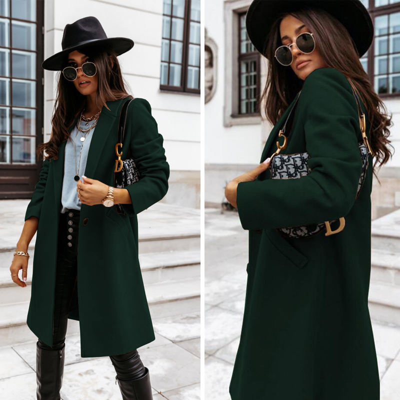 Elegant Womens Coat Lapel Solid Button Down Warm Long Outwear-DarkGreen