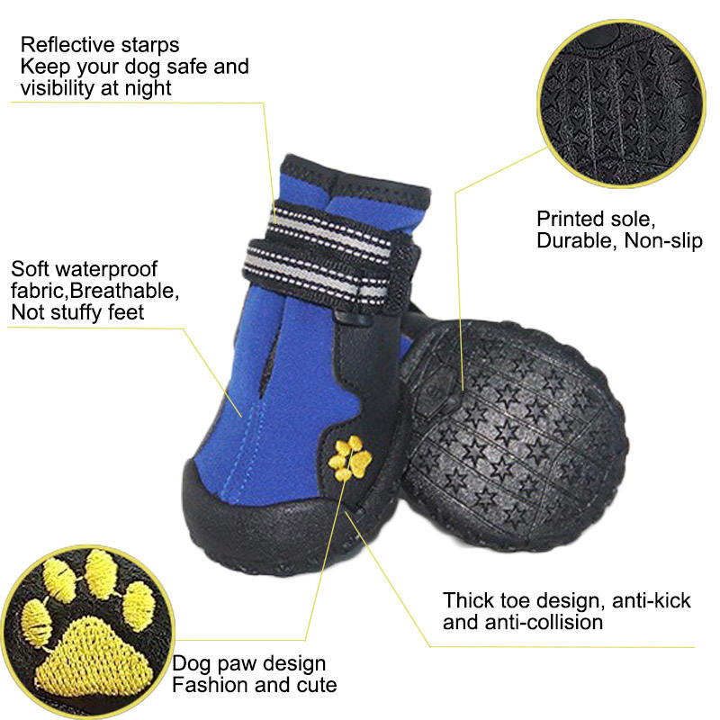 4 Pcs Dog Shoes Non-Slip Warm with Reflective Straps for Middle Large Dogs-Blue