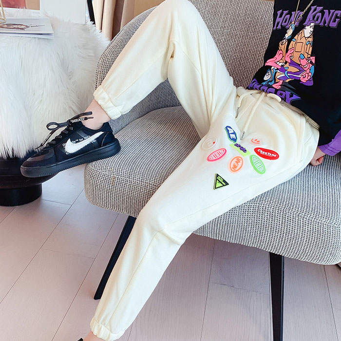 Girls Joggers Long Pants Pockets Outdoor Casual Trousers with Drawstring Icon-Beige