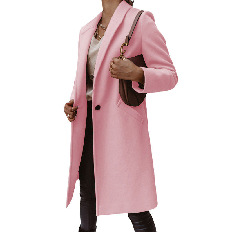 Elegant Womens Coat Lapel Solid Button Down Warm Long Outwear-Pink