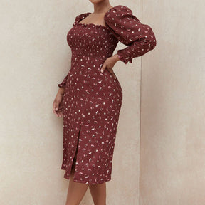 Womens Floral Print Dress Trumpet Sleeve Casual Dress-Red