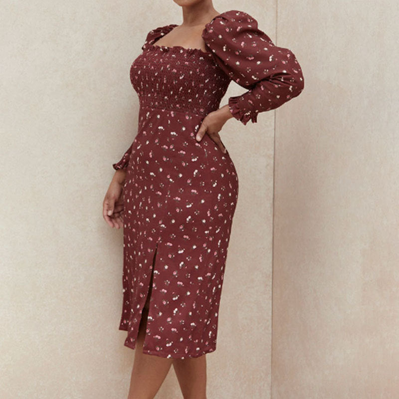 Womens Floral Print Dress Trumpet Sleeve Casual Dress-Red