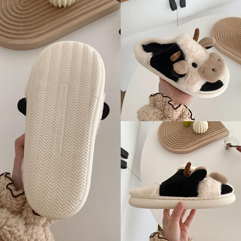 Cute Plush Cow Slippers for Women Anti-Slip Winter House Shoes