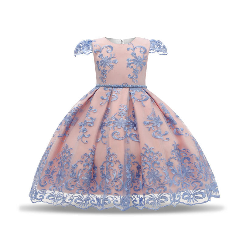 Girl Flower Lace Printed Cotton Elegant Tulle Bow Belt Princess Dress-Pink