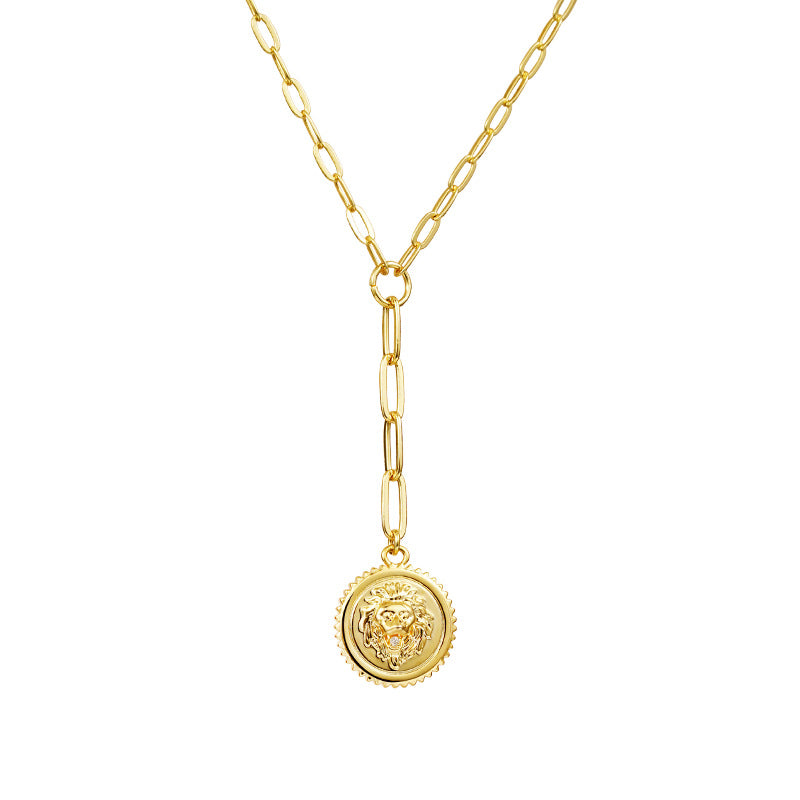 Women Lion Head Coin Pendant Clavicle Necklace