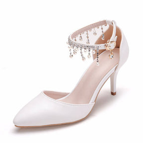 Pointed Toe 7.5cm High Heel Pearl Ankle Strap Wedding Dress Pump-White