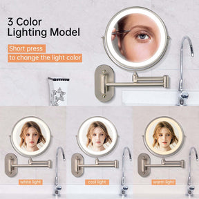 Wall Mounted Lighted Makeup Mirror 8inch 10X Magnifying Cosmetic Mirror with 3 Color Modes Battery Type-Nickel