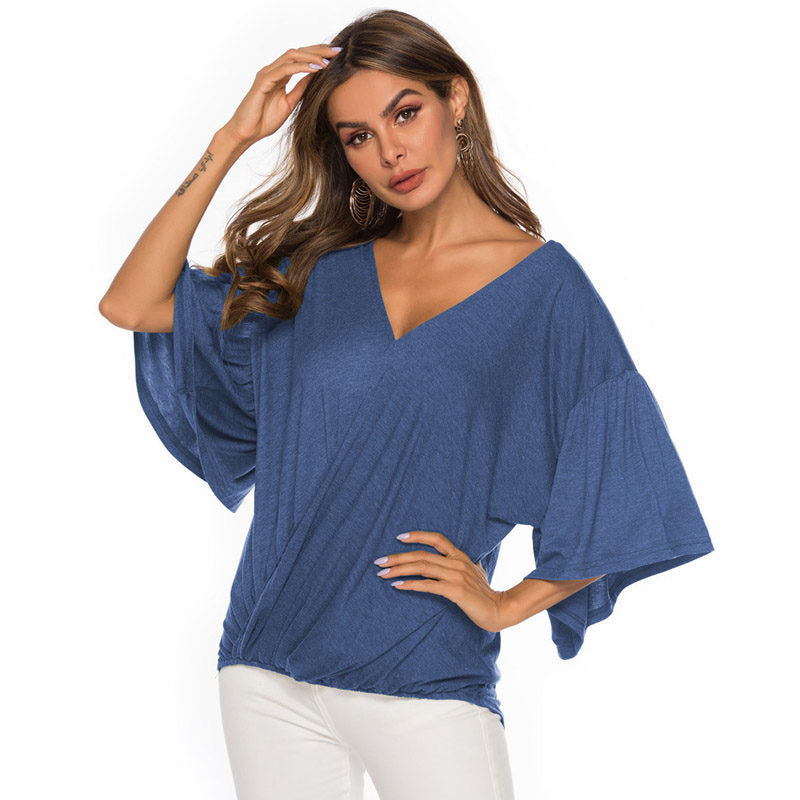 Womens Summer Ruffle Sleeve V-Neck T-Shirt Knot Tops-Blue