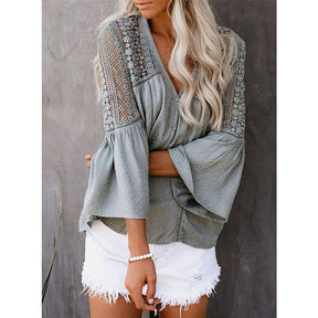 Womens V-neck Lace Crochet Shirt Flare Sleeve Buttoned Blouses-Gray