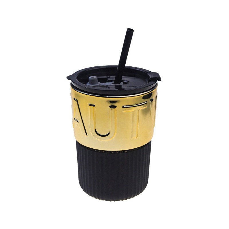 420ml Glass Coffee Mug with Lids and Straws Travel Friendly-GoldBlack