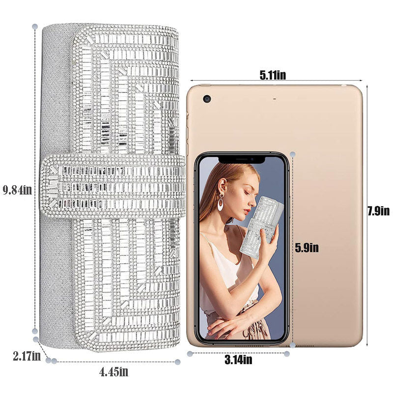 Womens Rhinestone Clutch Purses Evening Bags Sparkling Gliter with Chain-Silver