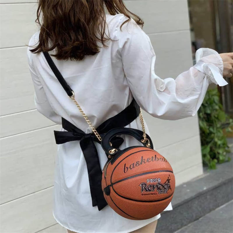 Basketball Shaped Handbags PU Adjustable Strap Messenger Bag for Women Girls-Brown