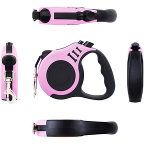 Retractable Dog Leash Lightweight Portative with Folding Bowl Dispenser Waste Bag-Pink