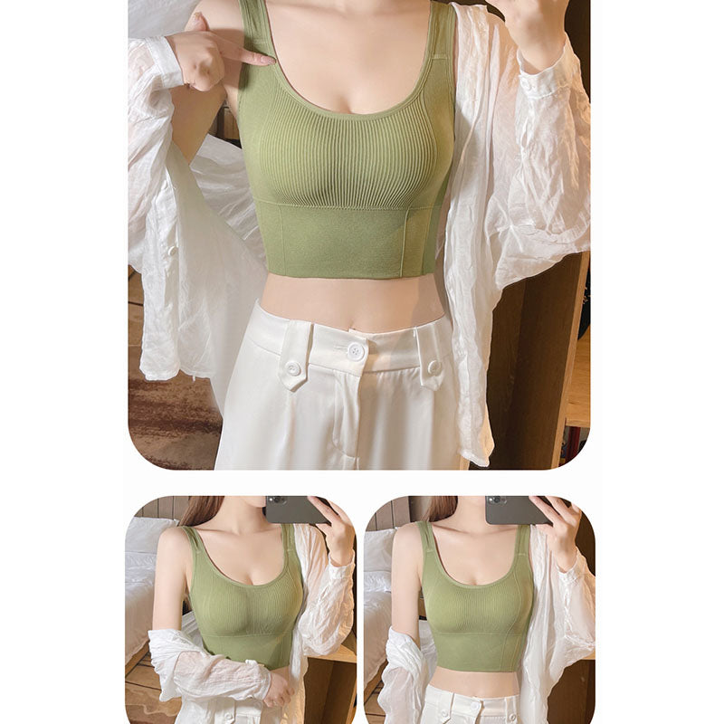 Crop Ribbed Tank Tops Solid Breathable Sports Bra Padded-Green