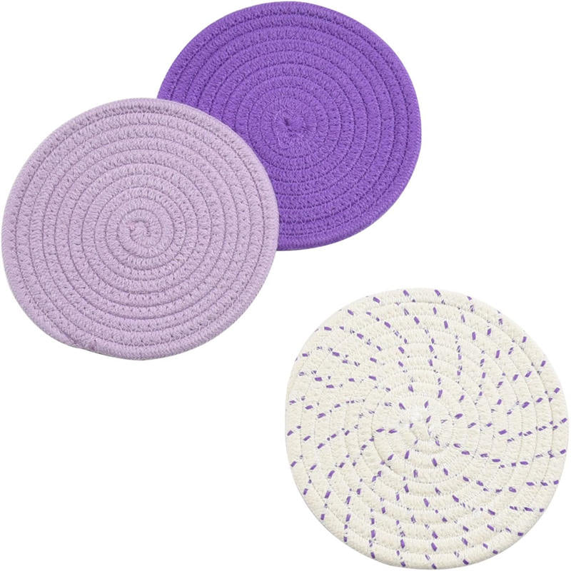 3 Pcs Potholders Colorful Cotton Thread Weave Stylish Coasters Heat Insulation Table Mat by Diameter 18CM-Purple