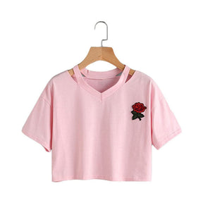 Fashion Embroidery Teen Girls Rose Crop Top Short Sleeve T-Shirt-Pink