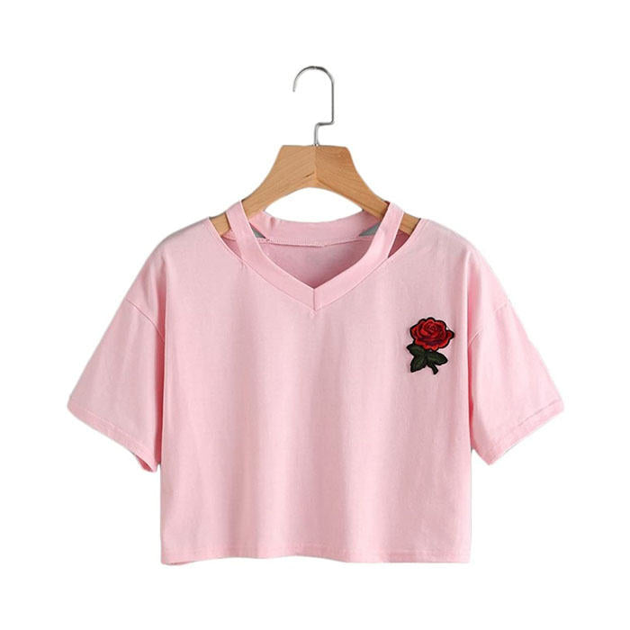 Fashion Embroidery Teen Girls Rose Crop Top Short Sleeve T-Shirt-Pink
