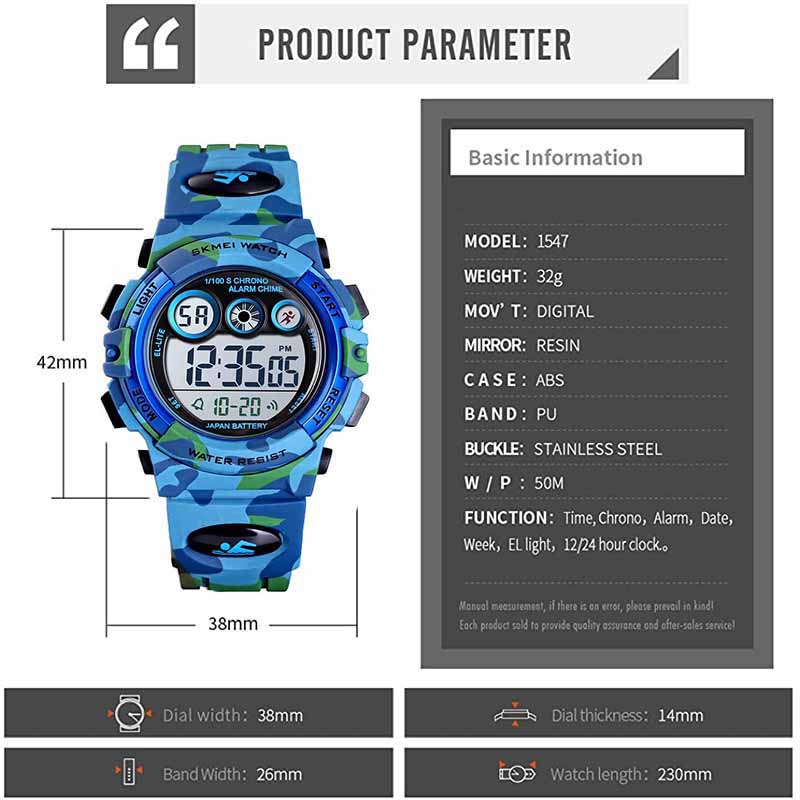 Kids Digital Sport Watches Outdoor Shockproof Military Child Watch-LightBlue