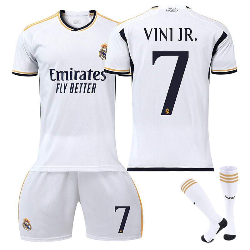 Real Madrid Home Jersey VINI JR. #7 Soccer Jersey Kids Adult 3Pcs Jersey Kits