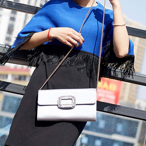Womens Fashion Square Buckle Design Evening Bag with Chain Strap-Silver