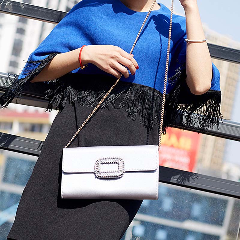 Womens Fashion Square Buckle Design Evening Bag with Chain Strap-Silver