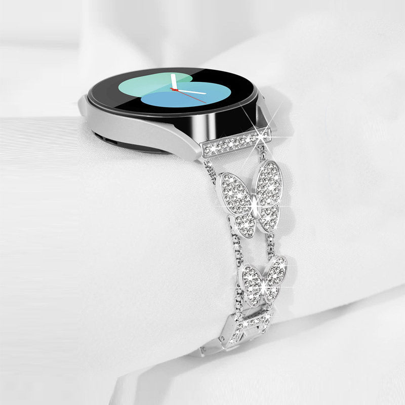 20mm Metal Watchband Butterfly Bling Diamond for Galaxy Watch 3/4/5-Silver
