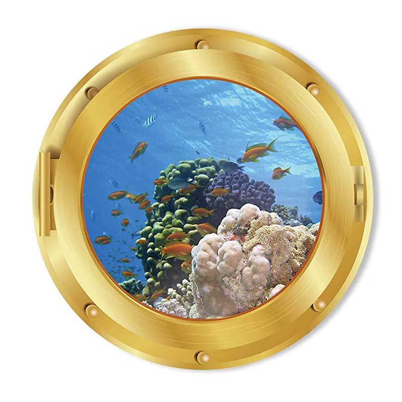 Removable 3D Under The Sea Nature Scenery Decor Submarine Gold Window Sea Fish Coral Wall Sticker