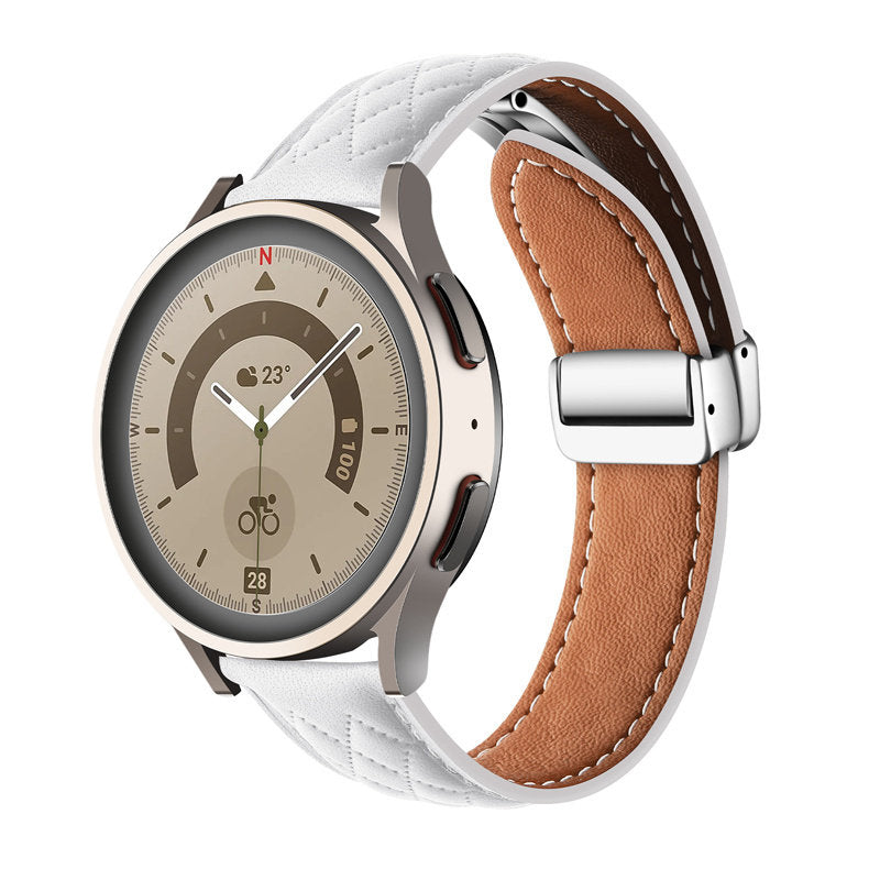 22mm Classic Leather Band Silver Folding Buckle for Samsung Huawei Watch-White