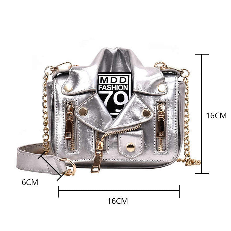 Women Motorcycle Jacket Crossbody Bag Punk Style Lapel Collar Satchel Bag-Sliver