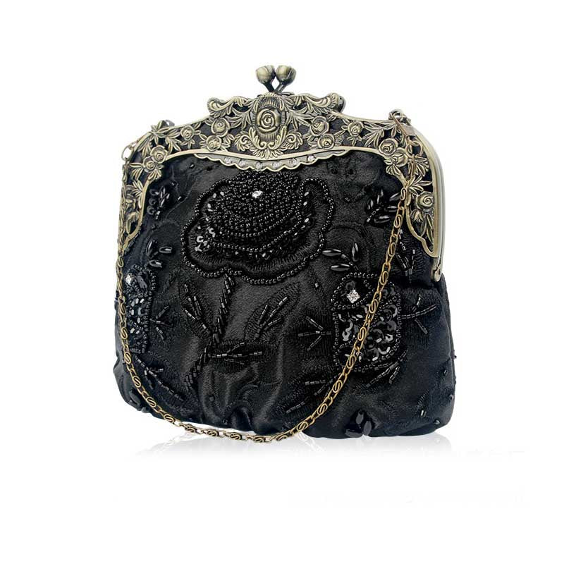 Womens Beaded Party Clutch Vintage Rose Purse-Black