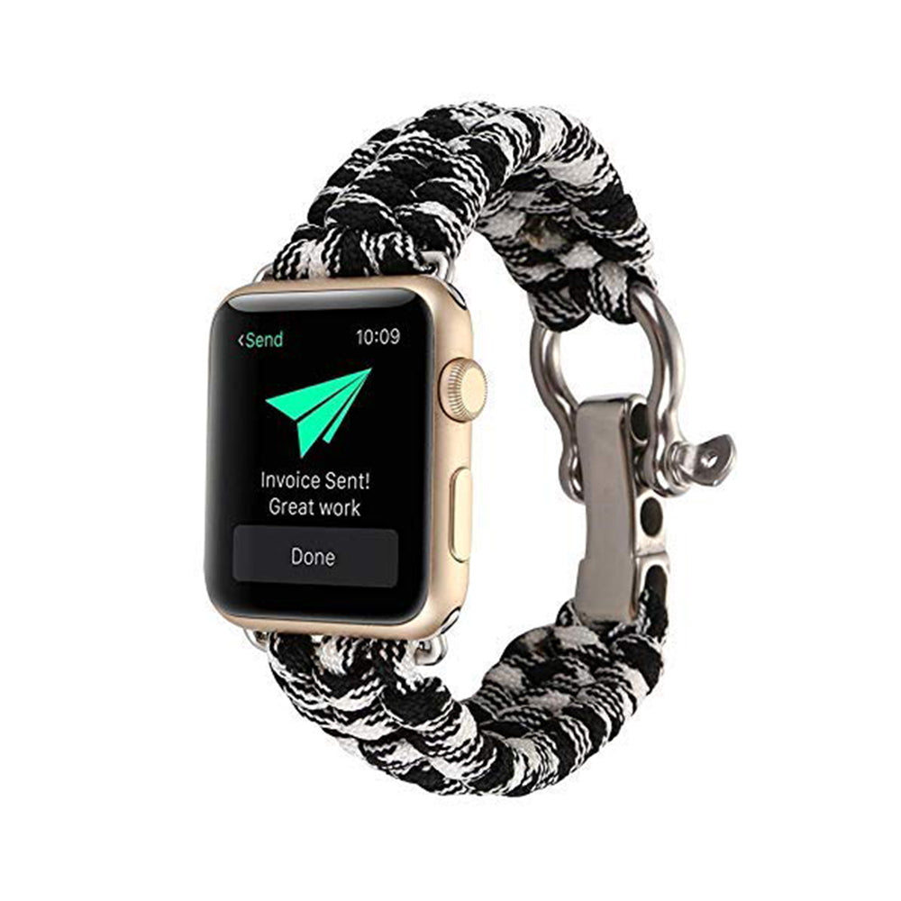 Nylon Rope Watch Band With Adjustable Size Outdoor Survival Stainless Steel Shackle For Apple Watch SE/6/5/4/3/2/1(Camo Black White)