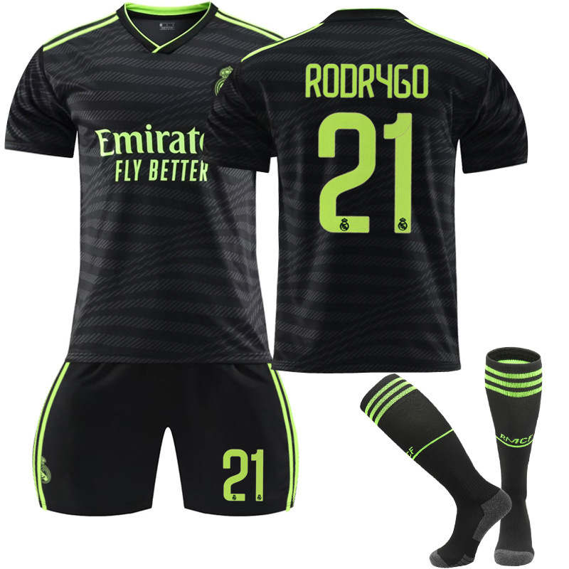 Real Madrid Second Away Jersey 2022-23 RODRYGO #21 Soccer Jersey Kids Adult 3-Pieces Jersey Kits