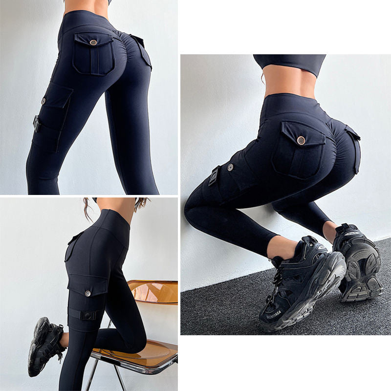 Womens Cargo Leggings with Flap Pockets Non See Through for Workout-Black