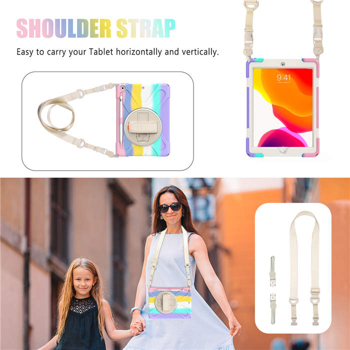 iPad Case With Pencil Stand+Rotating Stand+Shoulder Strap For iPad10.2 Inch 2020/2019-Pink