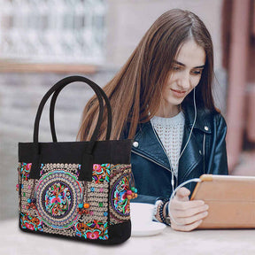 Embroidered Canvas Top Handle Handbag Ladies Casual Vintage Shoulder Bag-A