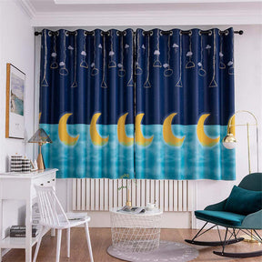 2 Panels Star Moon Window Curtain For Bedroom 39X78in-Blue