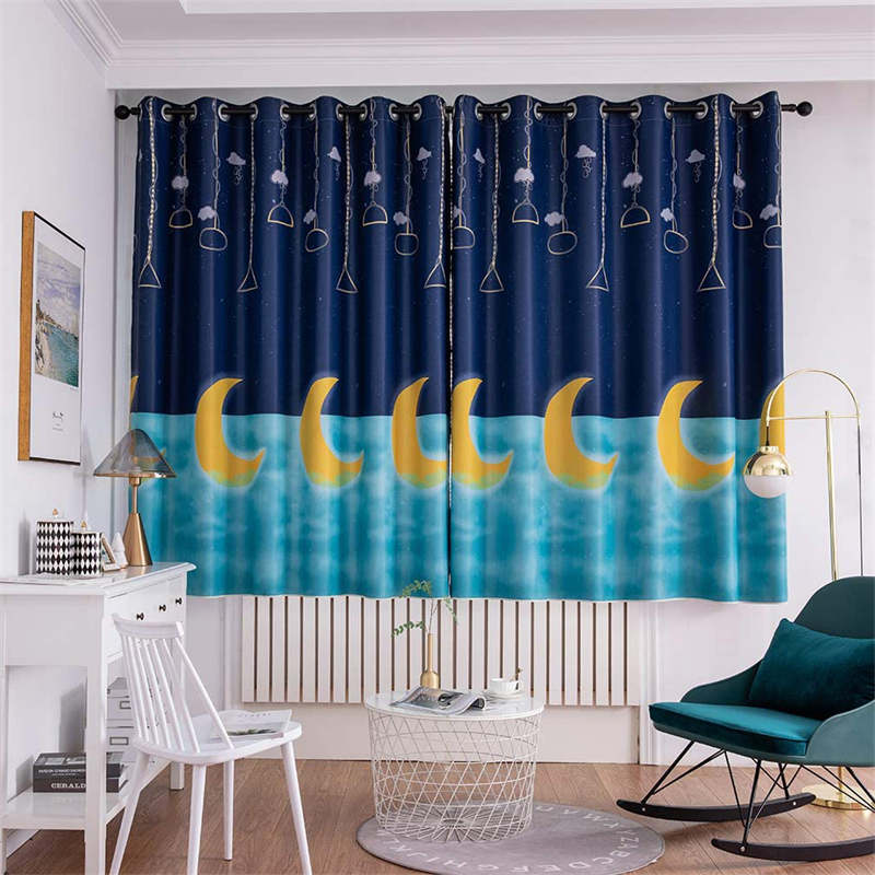 2 Panels Star Moon Window Curtain For Bedroom 39X78in-Blue