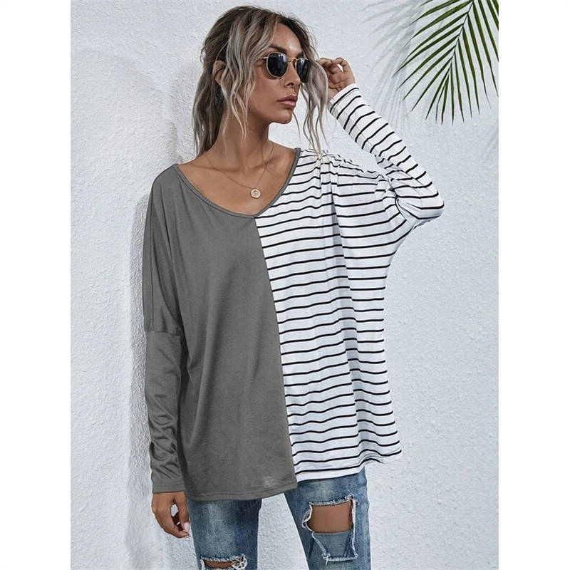 Womens Striped V-Neck Long Sleeve Tops-Grey