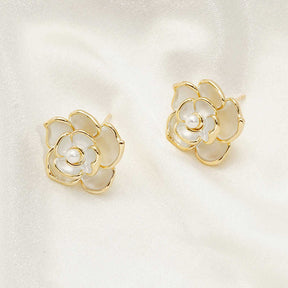 Women's 925 Sterling Silver Flower Stud Earrings Pearl Rose Flower Hypoallergenic Stud Earrings