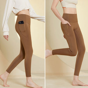 Womens Legging with Pockets High Waisted Fleece Lined Workout Pants-Coffee