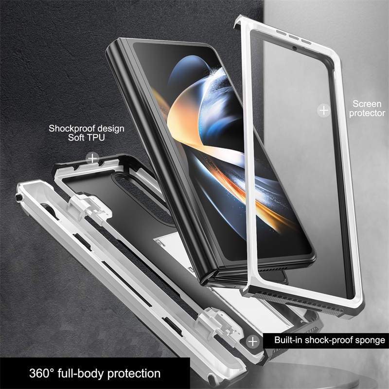 7.6inch Armorer Phone Case Full-Wrap with Kickstand Pen Slot for Galaxy Z Flip 4-White