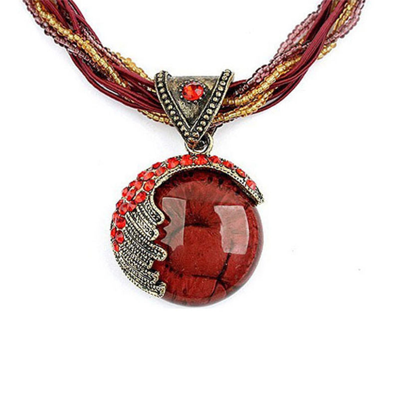 Vintage Bohemian Gemstone Pendant Necklace-Red