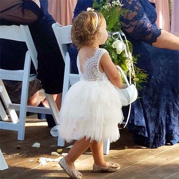 Little Girl Lace Flower Tutu Dress Backless Wedding Flower Girl Dress-White