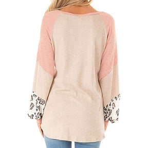 Womens Color-Blocking Pullover Raglan Long Sleeve Loose Shirt-Off White