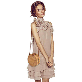 Handwoven Round Rattan Natural Chic Bag Shoulder Leather Straps Summer Beach-Brown